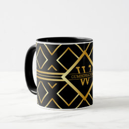 FAUX Gold Geometric Pattern with Monogram on BLACK Tasse