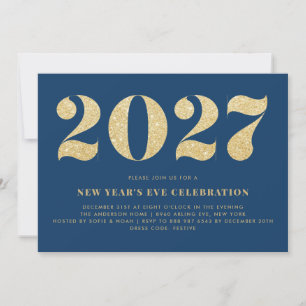 Faux Gold Glitter Blau Silvesterparty 2026 Einladung