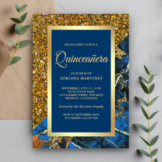 Faux Gold Glitter Royal Blue Marble Quinceanera Einladung