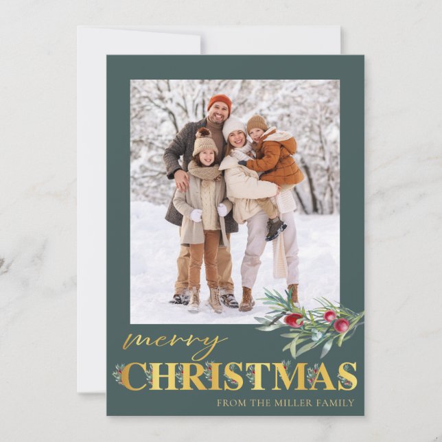 Faux Gold Green Joyeux Carte photo de Noël (Devant)