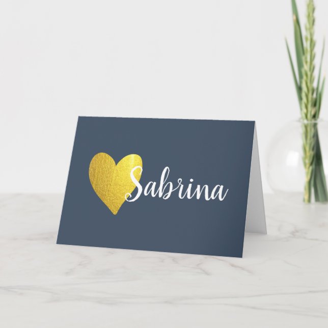Faux Gold Heart avec nom cursif sur la Marine (Devant)