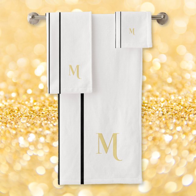 Faux Gold Monogrammed Black Racing Stripes Blanc (Faux Gold Monogrammed Black Racing Stripes White Bath Towel Set)