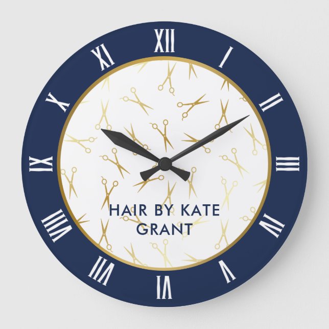 Faux Gold Scissors Navy Blue Hair Salon Große Wanduhr (Vorderseite)