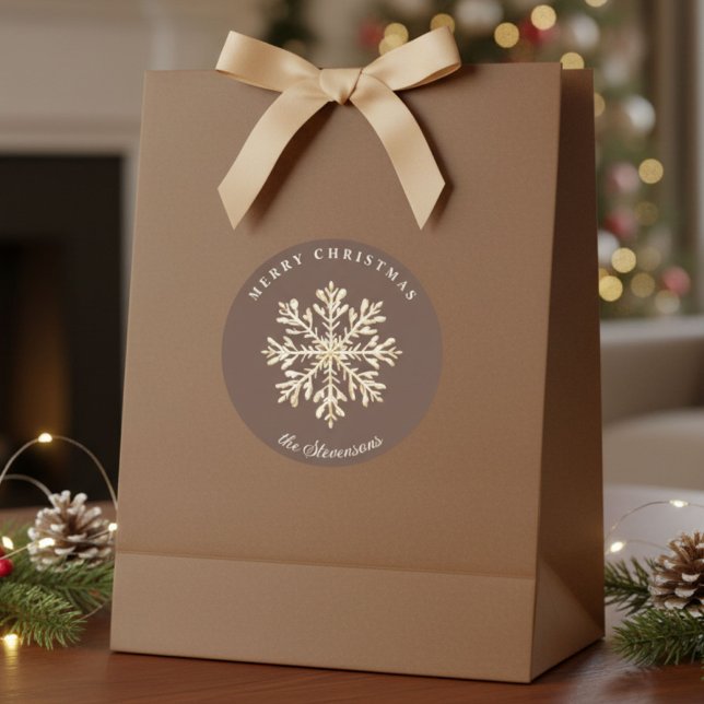 Faux Gold Snowflake Brown Custom Holiday Runder Aufkleber (Von Creator hochgeladen)