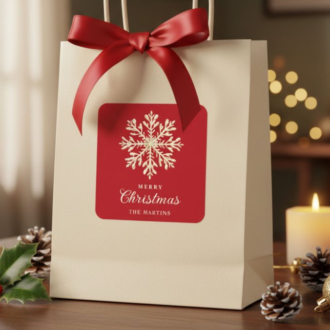 Faux Gold Snowflake Red Custom Holiday Quadratischer Aufkleber (Von Creator hochgeladen)