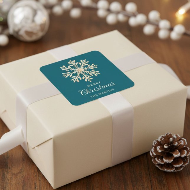 Faux Gold Snowflake Teal Custom Holiday Quadratischer Aufkleber (Von Creator hochgeladen)
