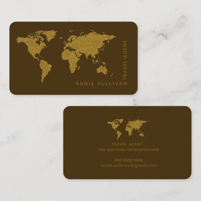 Faux Gold World Map Travel Agent brown  Visitenkarte (Vorne/Hinten)