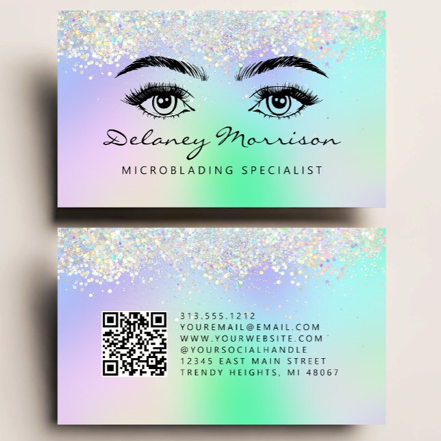 Faux Holographic Glitter Eyes QR Code Microblading Visitenkarte (Von Creator hochgeladen)