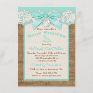 FAUX Jute Ivory Spitze, Aqua Babyshower-Einladung Einladung
