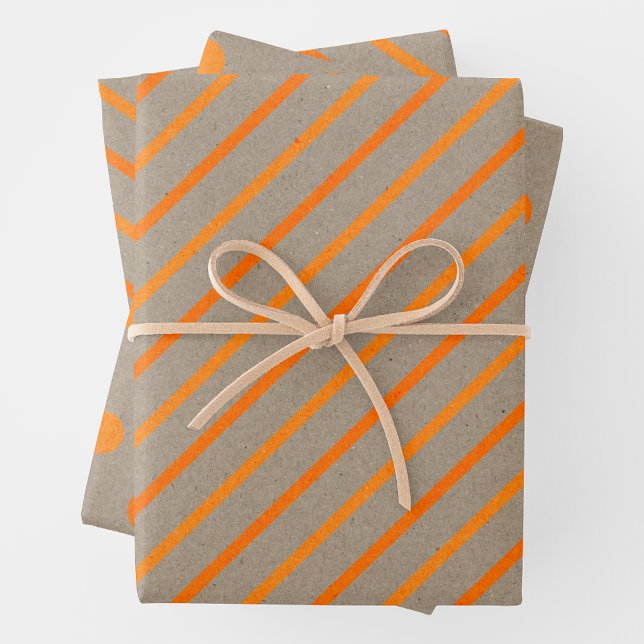 Faux Kraft Paper With Orange Stripes & Polka Dots Geschenkpapier Set (Faux Kraft Paper w/ Two-Tone Orange Stripes & Polka Dots)