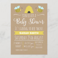 Faux Kraft Twins Busy Bee baby shower Invitation