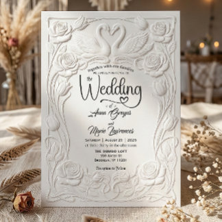 Faux Letterpress Embossed Floral Swan Wedding Einladung