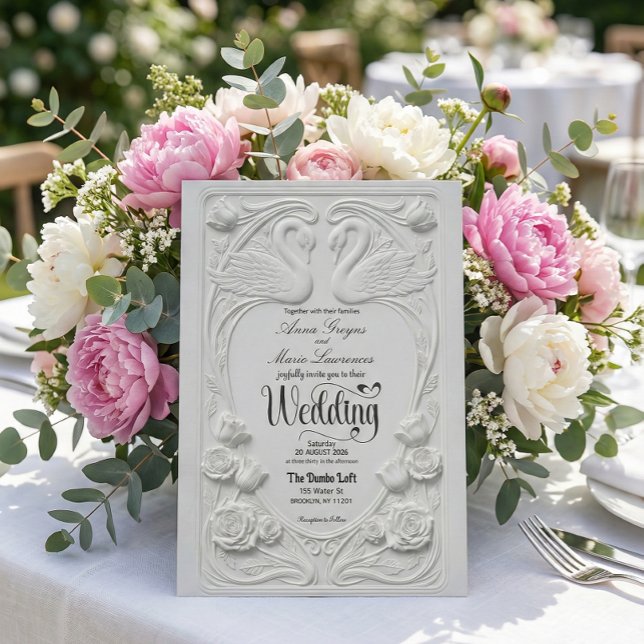 Faux Letterpress Swans Formal Black Tie Wedding Einladung (Von Creator hochgeladen)