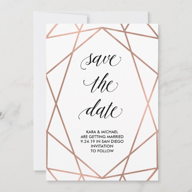 Faux or rose géométrique sur blanc | Save the Date (Devant)