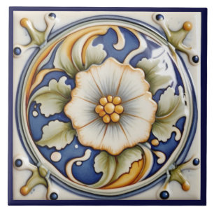 Faux-Relief-Blumen Art Deco Blau Weiß Floral Fliese