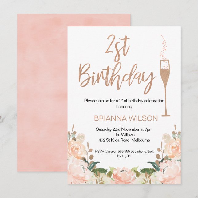 Faux Rose Gold Floral Invitation du 21e anniversai (Devant / Derrière)