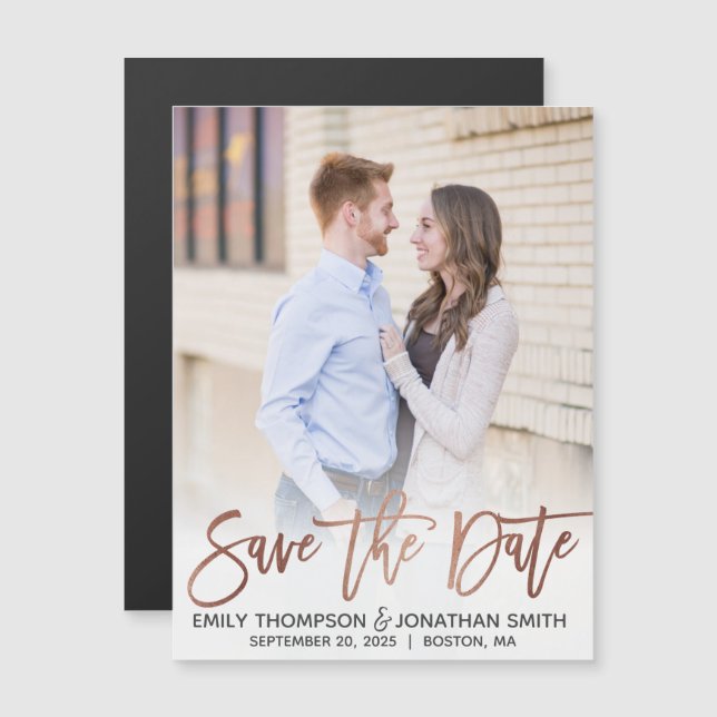 Faux Rose Gold Foil Photo Magnet Réservez la date (Devant / Derrière)