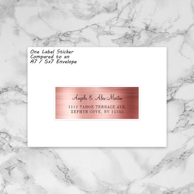 Faux Rose Gold Mariage individuel Étiquettes de ad (One sample sticker from the sheet on a shape comparable to an A7 envelope.)