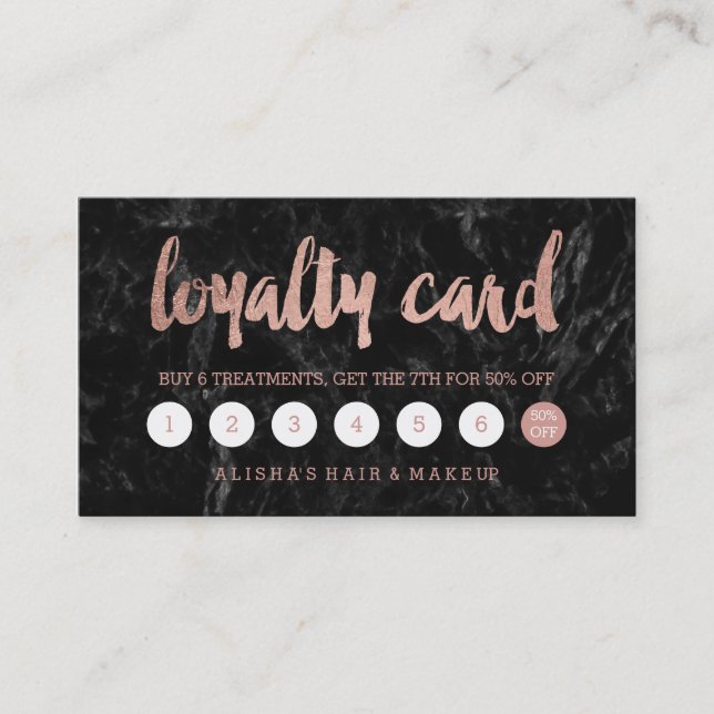 Faux rose gold script black marble loyalty card treuekarte (Vorderseite)
