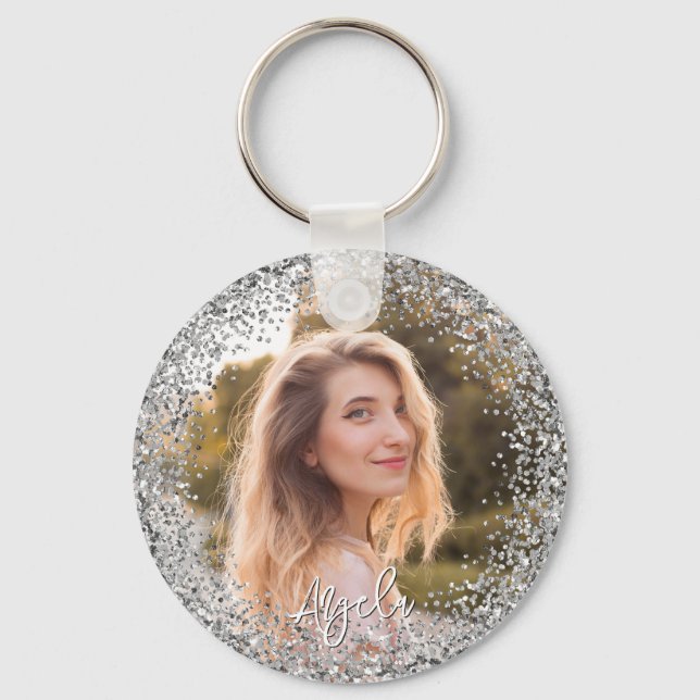 Faux Silver Glitter Photo Schlüsselanhänger (Vorderseite)