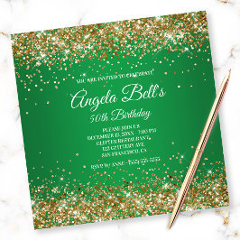 Faux Sparkly Gold Glitter Monogram Green Ombre Einladung