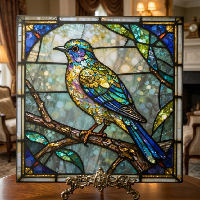 Faux Stained Glass Colorful Bird Mosaic Nature Art Fliese (Von Creator hochgeladen)