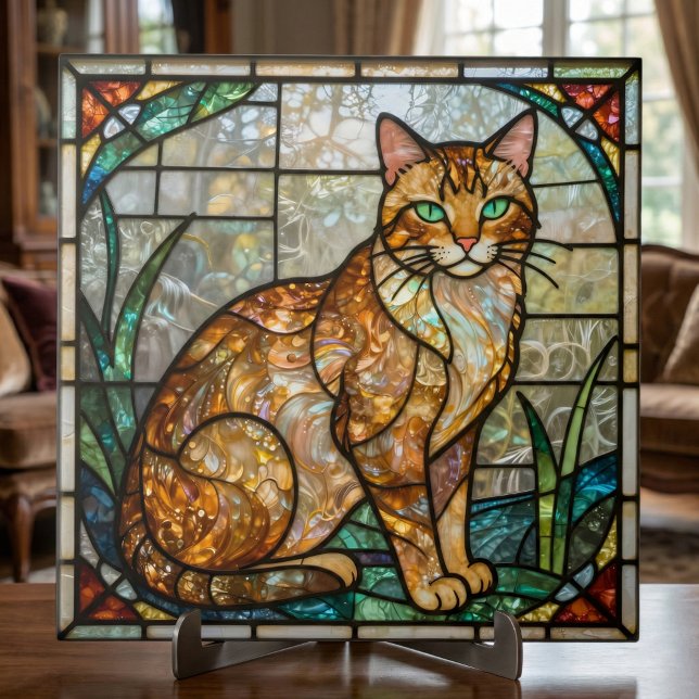 Faux Stained Glass Orange Ginger Tabby Cat Art Fliese (Von Creator hochgeladen)