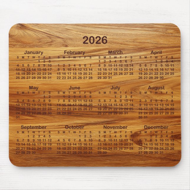 Faux Teak Wood 2026 Calendar Mousepad (Vorne)