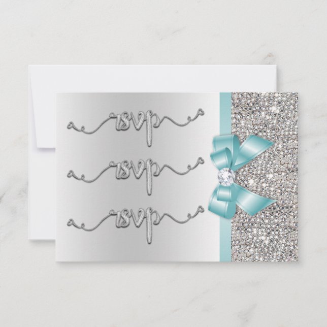 Faux Turquoise Bow Silver Sequits Mariage RSVP (Devant)