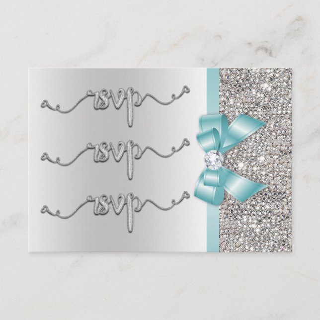 Faux Turquoise Bow Silver Sequits Mariage RSVP (Devant)