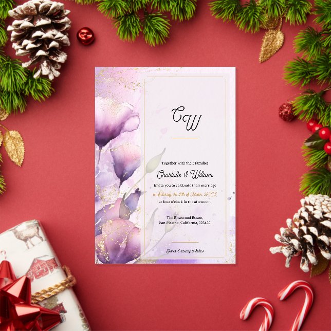 Faux Vellum Purple Floral Monogram Wedding Acryleinladungen (Insitu (Feiertag))