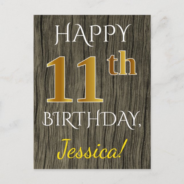 Faux Wood, Faux Gold 11th Birthday + Custom Name Postkarte (Vorderseite)