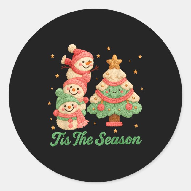 Faux Yarn Crochet Snowman And Christmas Tree  Runder Aufkleber (Vorderseite)