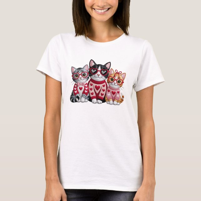 Faux Yarn Crochet Valentines Cat T-Shirt (Vorderseite)