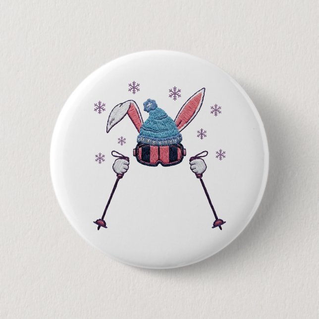 Faux yarn skiing rabbit winter humor button (Vorderseite)
