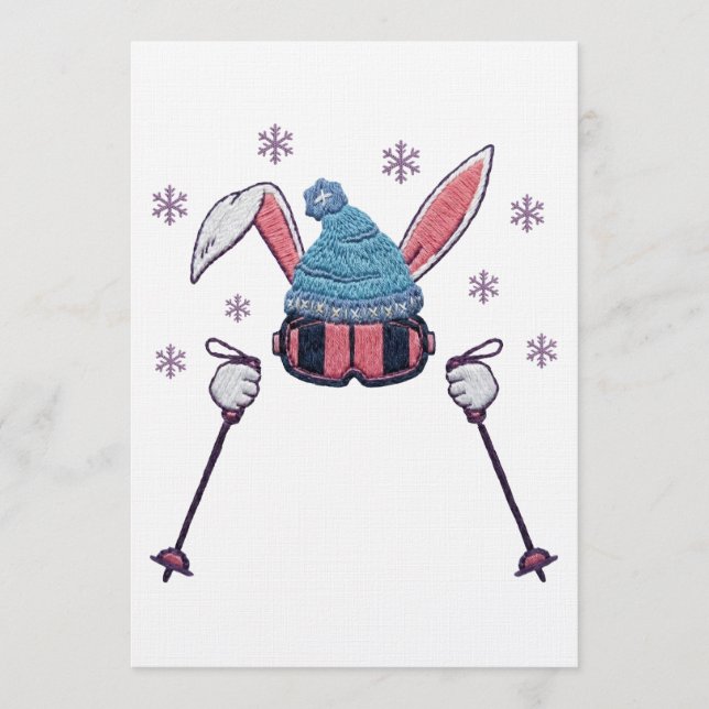 Faux yarn skiing rabbit winter humor einladung (Vorderseite)