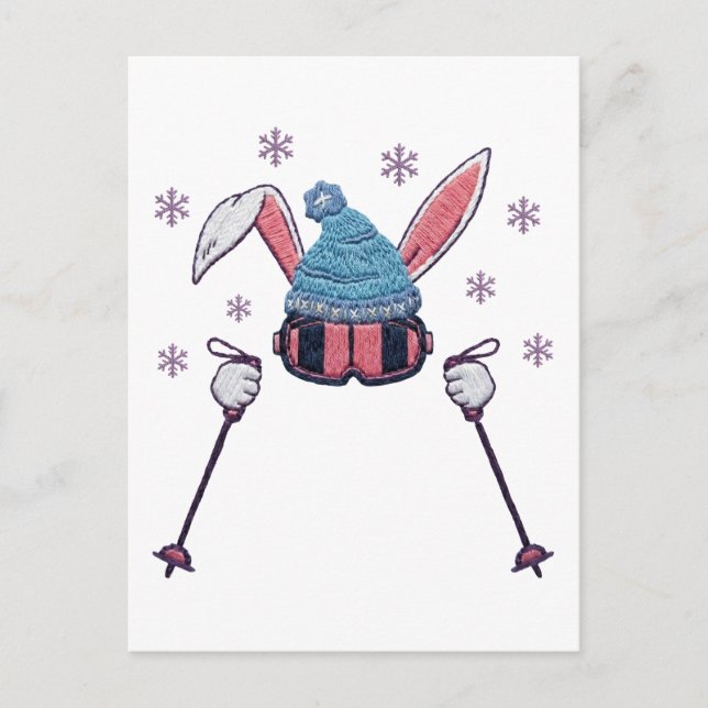 Faux yarn skiing rabbit winter humor postkarte (Vorderseite)