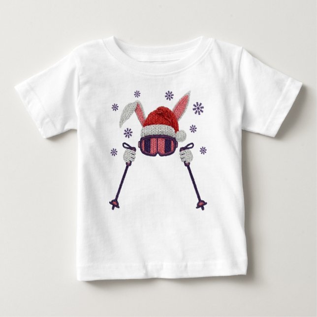 Faux yarn skiing rabbit with Santa hat winter humo Baby T-shirt (Vorderseite)