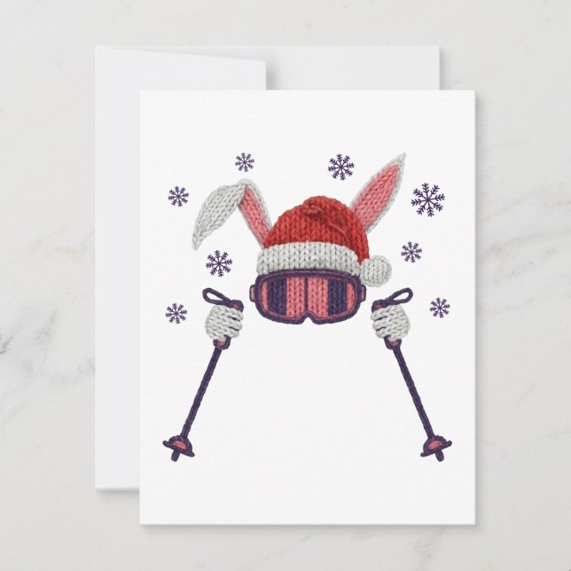 Faux yarn skiing rabbit with Santa hat winter humo Mitteilungskarte (Vorderseite)