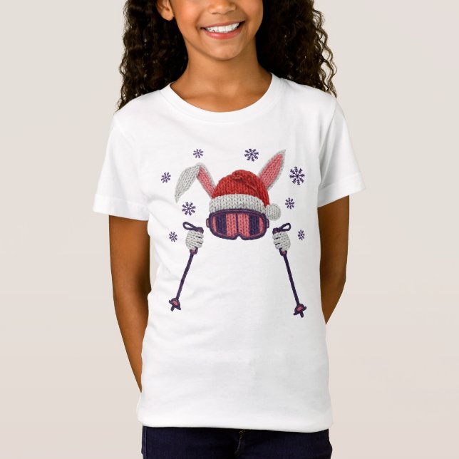 Faux yarn skiing rabbit with Santa hat winter humo T-Shirt (Vorderseite)
