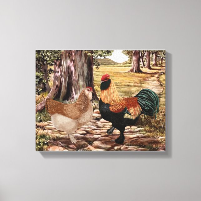Faverolle Lachs Rooster und Hen in bewaldetem Rahm Leinwanddruck (Vorderseite)