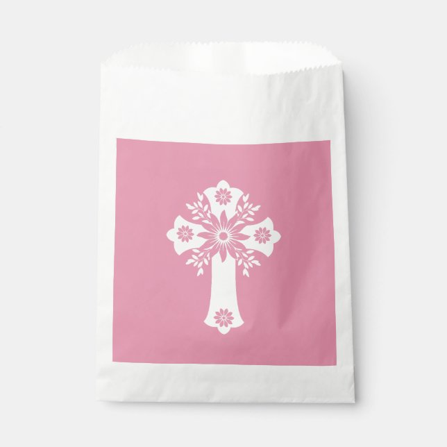 Favor Bags Floral Cross Christening Rose Pink Geschenktütchen (Vorderseite)