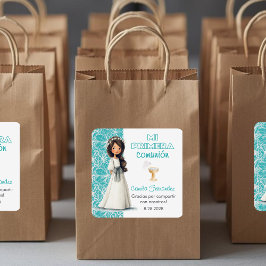 Favors and Gifts Cute Girl First Communion Quadratischer Aufkleber