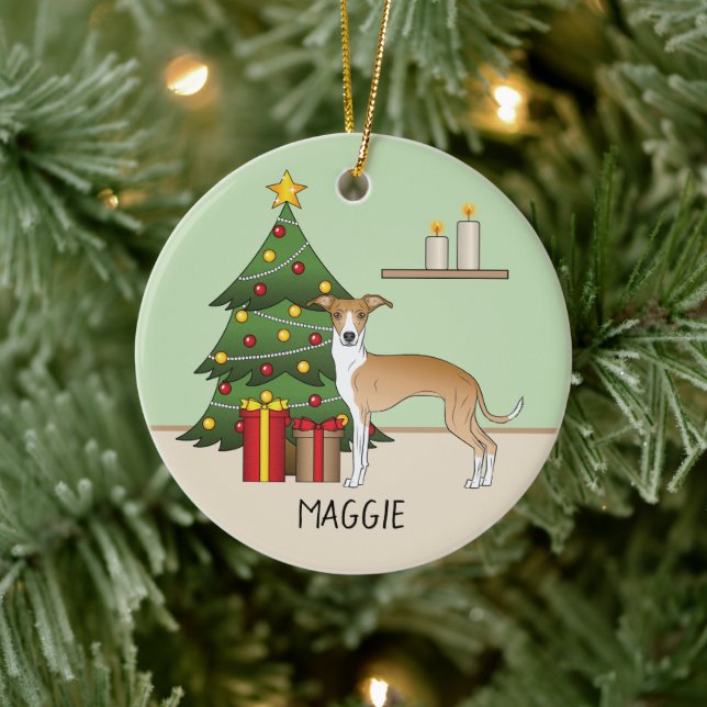 Fawn and White Italian Greyhound & Christmas Tree Keramik Ornament (Baum)