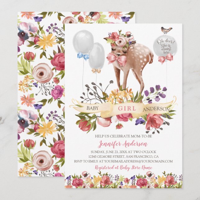 Fawn Blume Balloons Baby Girl Shower Einladung (Vorne/Hinten)