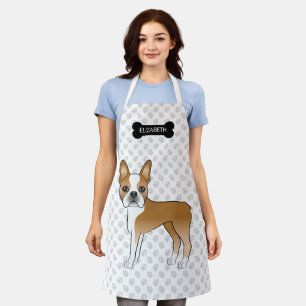 Fawn Boston Terrier Cartoon Dog & Bone, Paws, Name Schürze