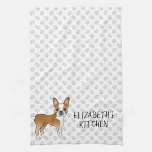 Fawn Boston Terrier Cartoon Dog & Custom Text Geschirrtuch