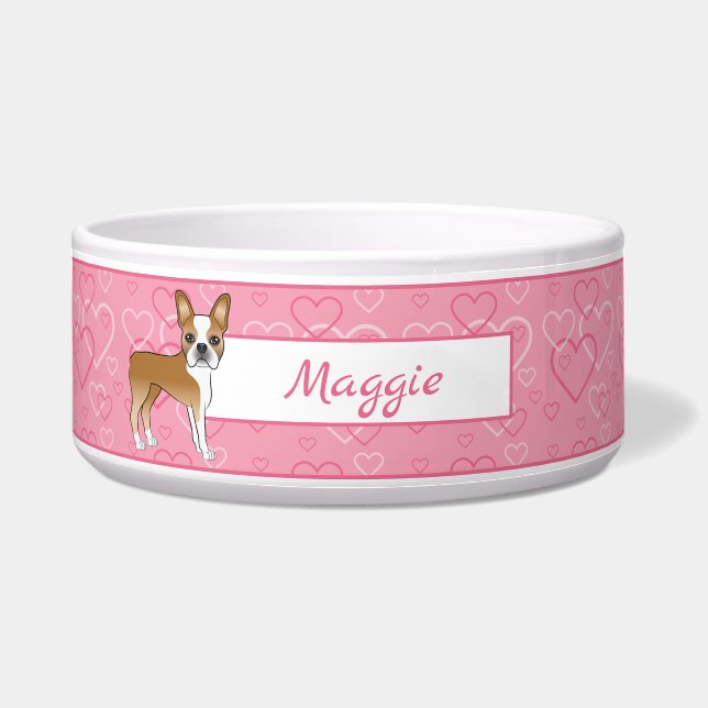 Fawn Boston Terrier Dog auf rosa Herzen und Name Napf (Vorderseite)