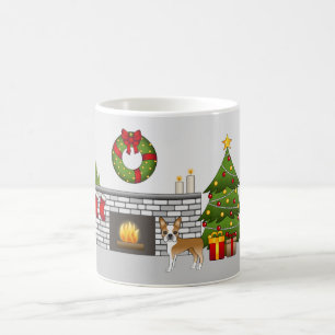 Fawn Boston Terrier in einem festlichen Weihnachts Kaffeetasse