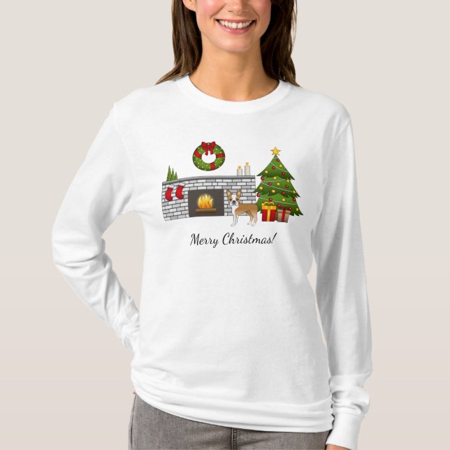 Fawn Boston Terrier in einem festlichen Weihnachts T-Shirt (Vorderseite)